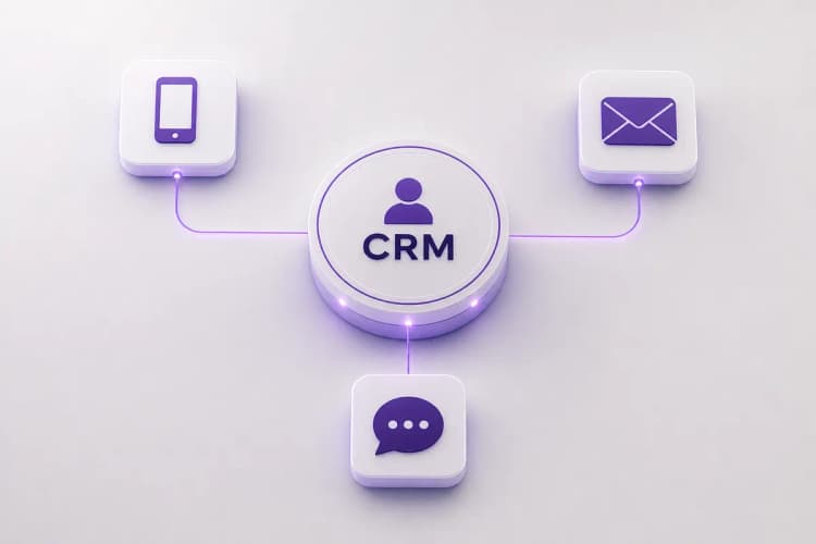 Diagrama de fluxo mostrando diferentes canais de comunicação (telefone, email, chat) convergindo para um ícone central de CRM, com linhas roxas sutis conectando os elementos.