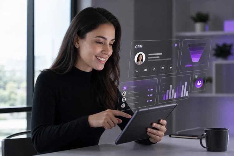 Uma pessoa sorrindo interagindo com uma interface de CRM em um tablet, com elementos gráficos sutis em roxo ao redor, em um ambiente de escritório moderno e minimalista.