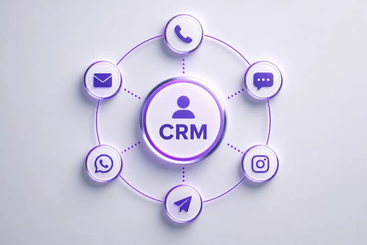 Ícones representando diferentes canais de comunicação (telefone, email, redes sociais, chat) dispostos em círculo ao redor de um ícone central de CRM, com detalhes em roxo.