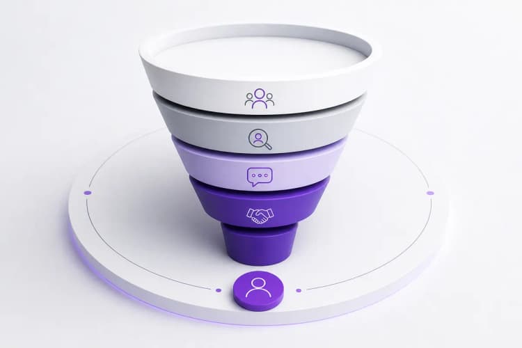 Gráfico de funil de vendas estilizado com tons de roxo e cinza.