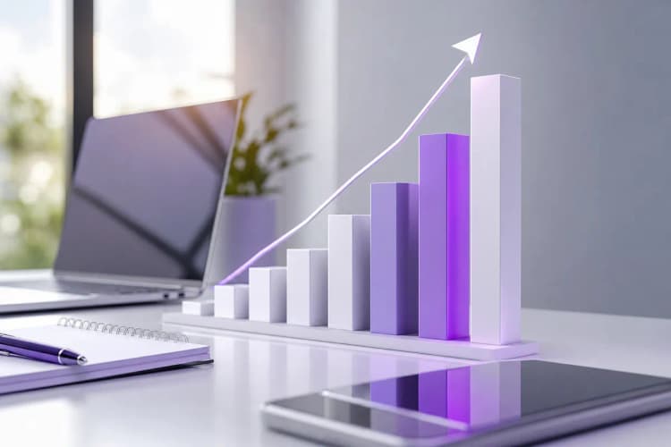 Gráfico de barras ascendente com detalhes em roxo em um ambiente de escritório.
